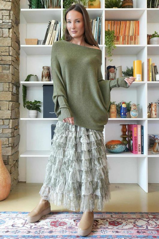 Ramone Marble Mesh Midaxi Skirt Khaki
